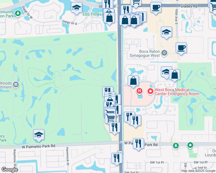 map of restaurants, bars, coffee shops, grocery stores, and more near 10134 Boca Woods Lane in Boca Raton