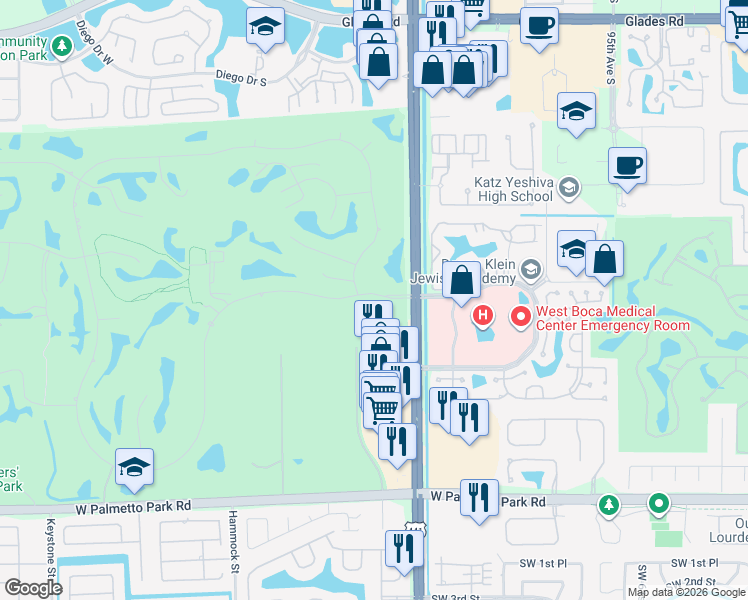 map of restaurants, bars, coffee shops, grocery stores, and more near 10134 Boca Woods Lane in Boca Raton