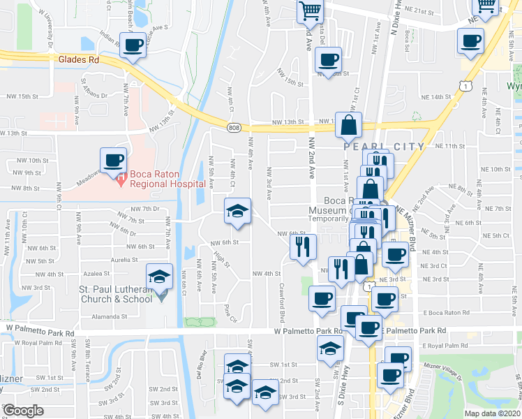 map of restaurants, bars, coffee shops, grocery stores, and more near 373 Northwest 4th Diagonal in Boca Raton