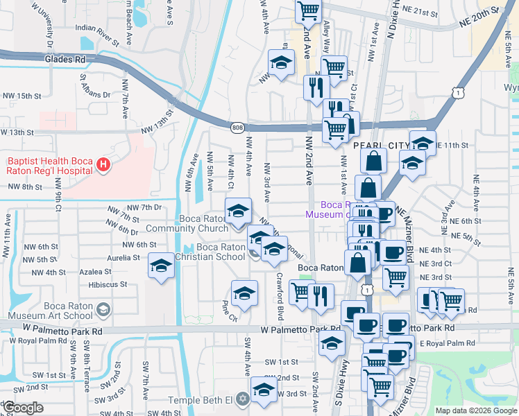 map of restaurants, bars, coffee shops, grocery stores, and more near 373 Northwest 4th Diagonal in Boca Raton