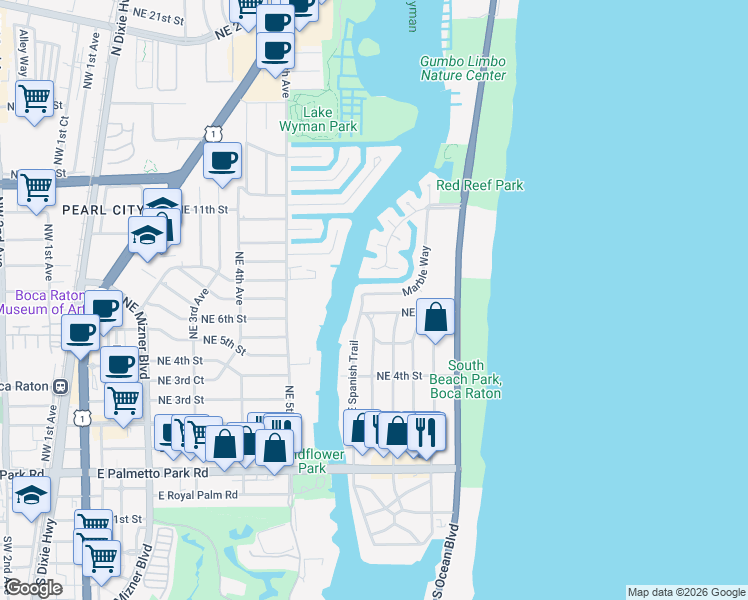 map of restaurants, bars, coffee shops, grocery stores, and more near 566 Northeast Spanish Trail in Boca Raton