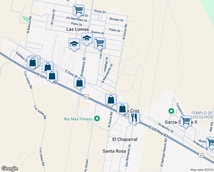 map of restaurants, bars, coffee shops, grocery stores, and more near 5466 East Sauz Street in Rio Grande City