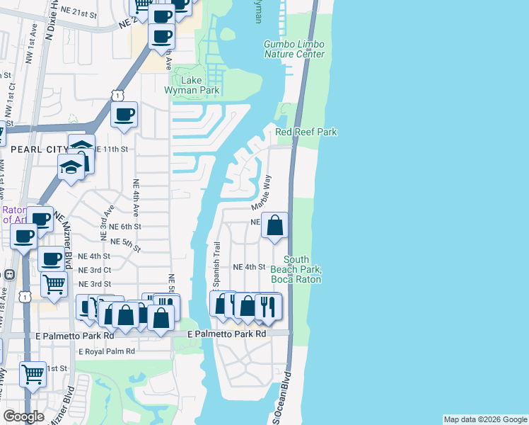 map of restaurants, bars, coffee shops, grocery stores, and more near 595 Northeast Wavecrest Way in Boca Raton