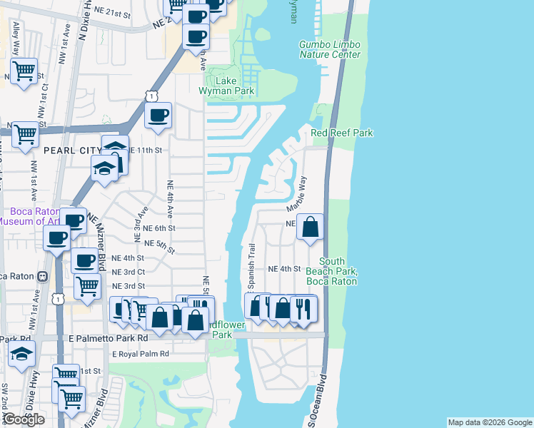 map of restaurants, bars, coffee shops, grocery stores, and more near 566 Northeast Spanish Trail in Boca Raton