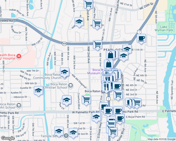 map of restaurants, bars, coffee shops, grocery stores, and more near 170 Northwest 7th Street in Boca Raton