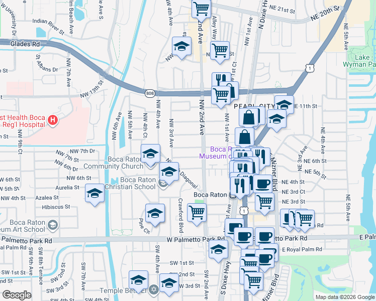 map of restaurants, bars, coffee shops, grocery stores, and more near 240 Northwest 8th Street in Boca Raton