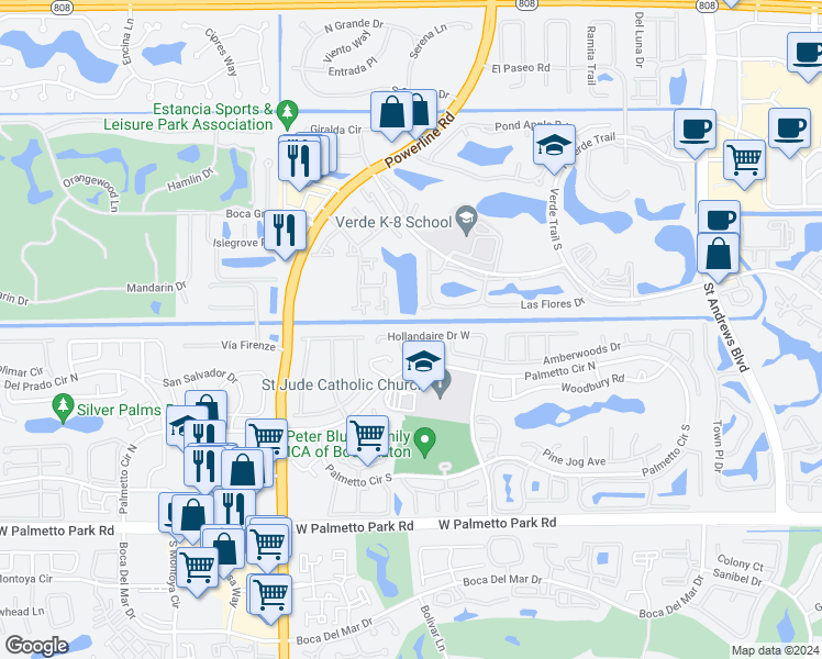 map of restaurants, bars, coffee shops, grocery stores, and more near 6699 Hollandaire Drive West in Boca Raton
