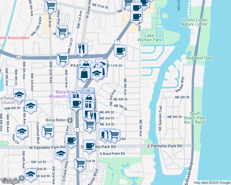 map of restaurants, bars, coffee shops, grocery stores, and more near 300 Northeast 8th Street in Boca Raton