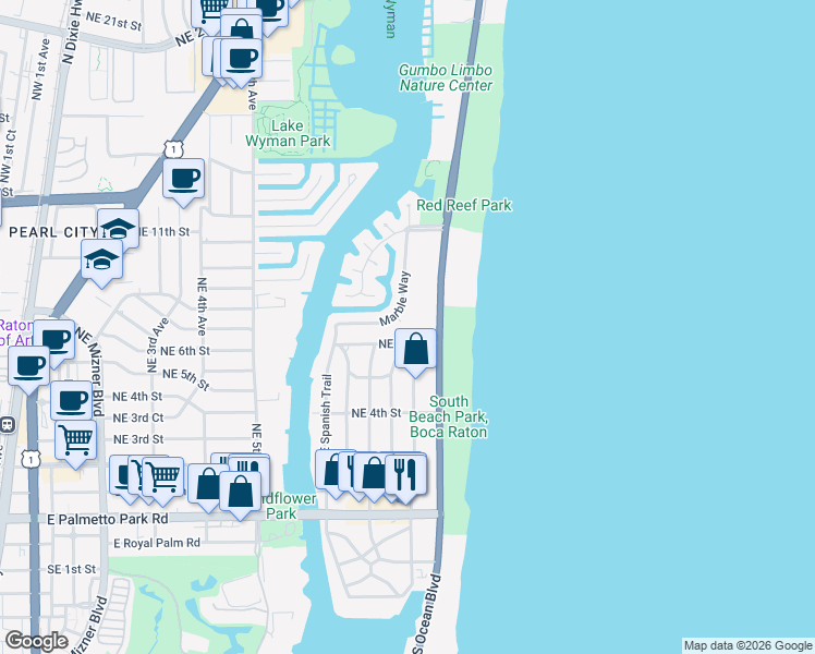 map of restaurants, bars, coffee shops, grocery stores, and more near 758 Marble Way in Boca Raton