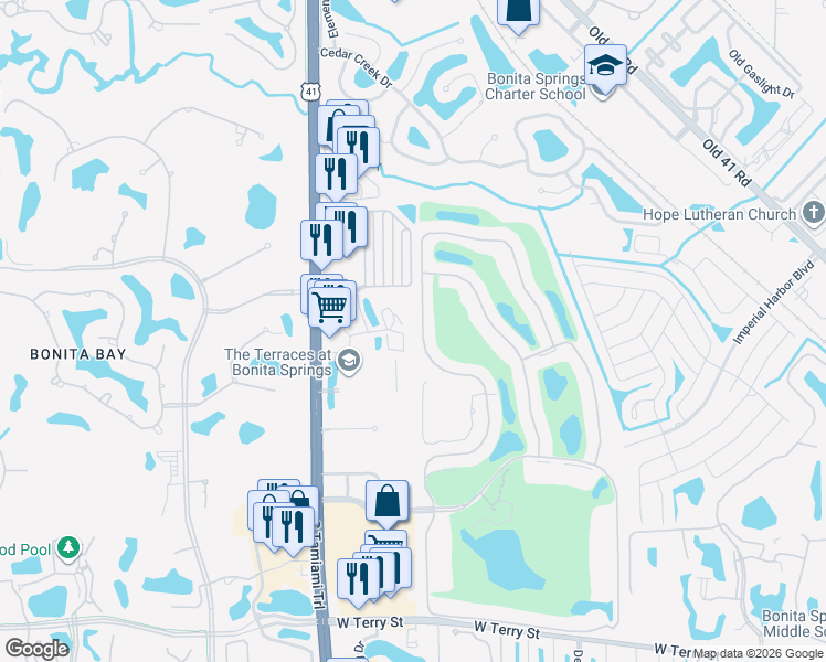 map of restaurants, bars, coffee shops, grocery stores, and more near 26331 Clarkston Drive in Bonita Springs