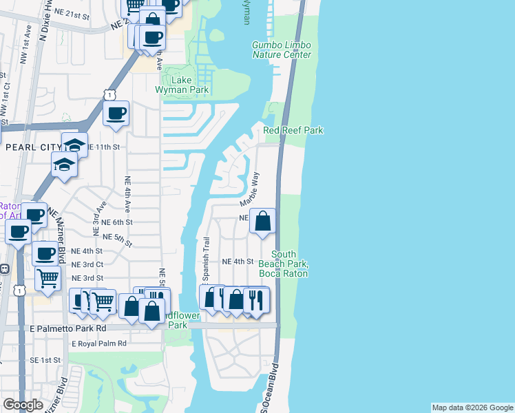 map of restaurants, bars, coffee shops, grocery stores, and more near 758 Marble Way in Boca Raton