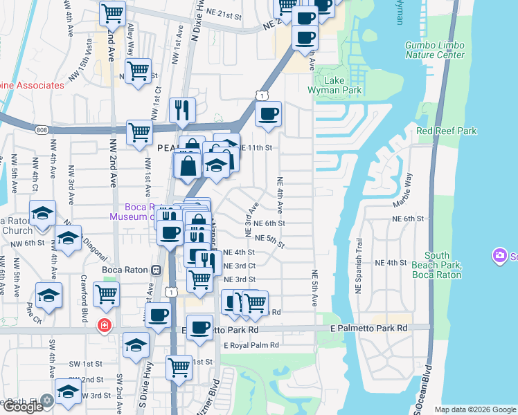 map of restaurants, bars, coffee shops, grocery stores, and more near 300 Northeast 8th Street in Boca Raton