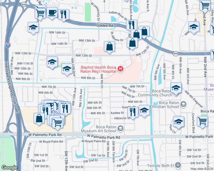 map of restaurants, bars, coffee shops, grocery stores, and more near 961 Meadows Road in Boca Raton
