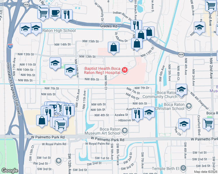map of restaurants, bars, coffee shops, grocery stores, and more near 961 Meadows Road in Boca Raton
