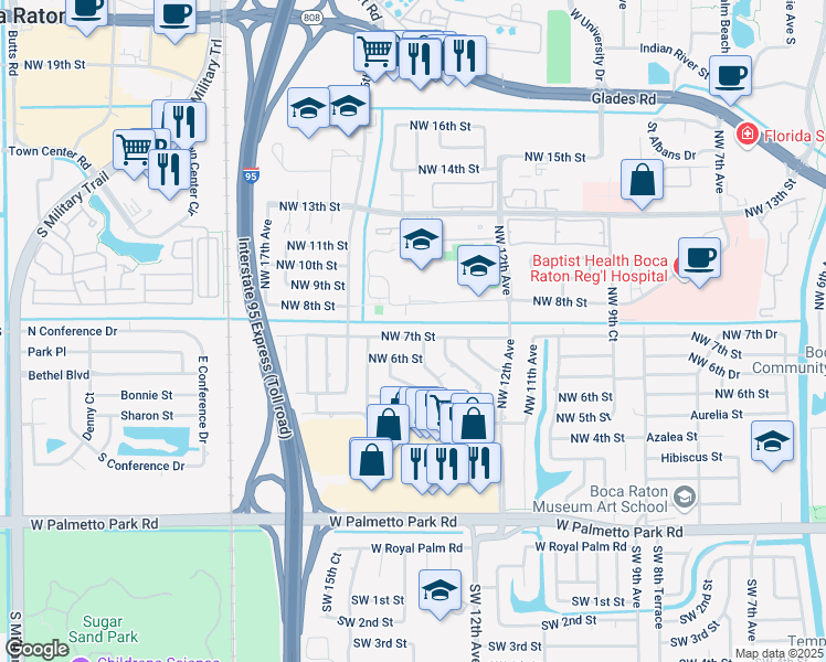 map of restaurants, bars, coffee shops, grocery stores, and more near 1325 Northwest 7th Street in Boca Raton