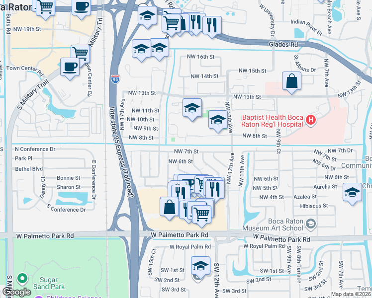 map of restaurants, bars, coffee shops, grocery stores, and more near 1325 Northwest 7th Street in Boca Raton