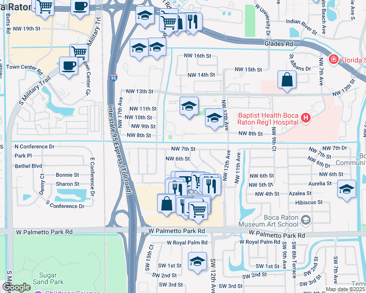 map of restaurants, bars, coffee shops, grocery stores, and more near 1325 Northwest 7th Street in Boca Raton