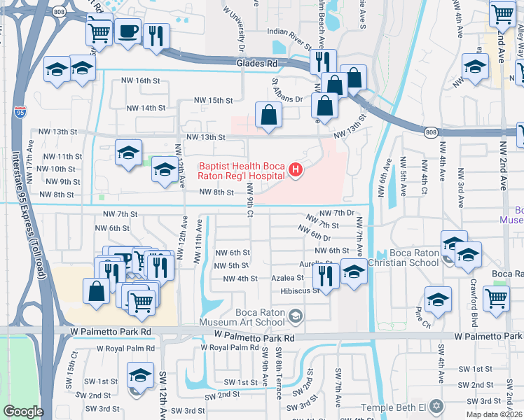map of restaurants, bars, coffee shops, grocery stores, and more near 961 Meadows Road in Boca Raton