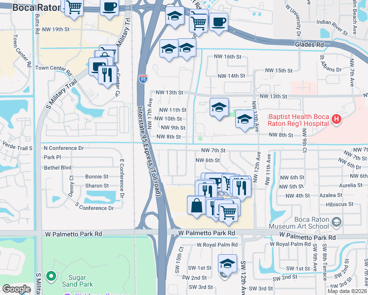 map of restaurants, bars, coffee shops, grocery stores, and more near 1520 Northwest 8th Street in Boca Raton