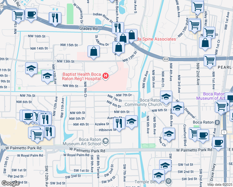 map of restaurants, bars, coffee shops, grocery stores, and more near 800 Meadows Road in Boca Raton
