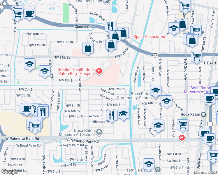 map of restaurants, bars, coffee shops, grocery stores, and more near 800 Meadows Road in Boca Raton