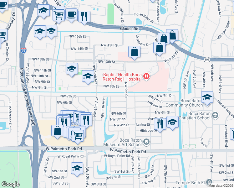 map of restaurants, bars, coffee shops, grocery stores, and more near 1000 Northwest 8th Street in Boca Raton
