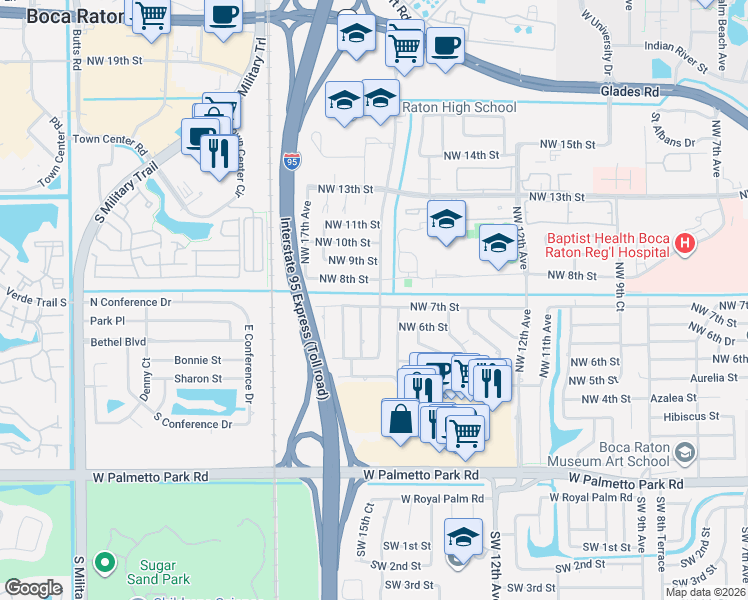 map of restaurants, bars, coffee shops, grocery stores, and more near 1520 Northwest 8th Street in Boca Raton