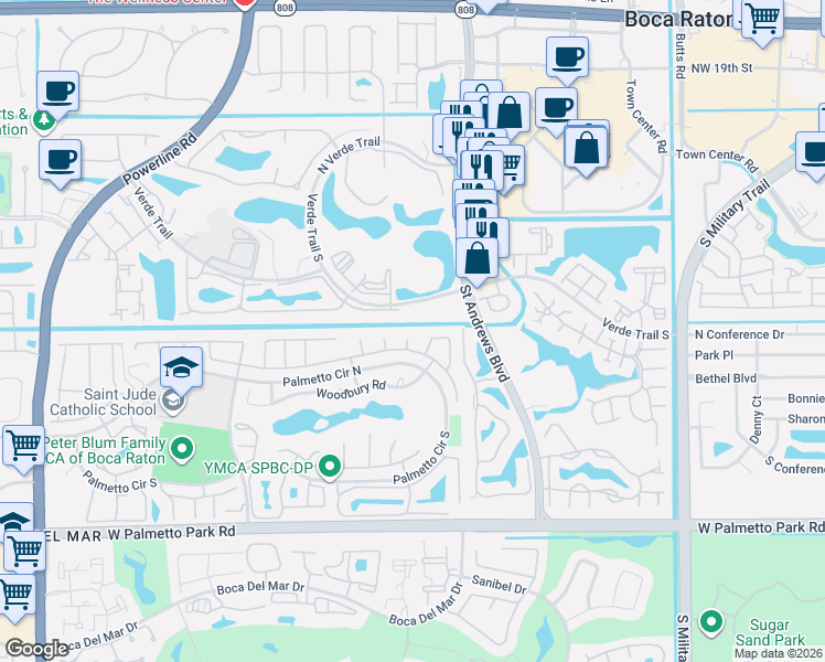 map of restaurants, bars, coffee shops, grocery stores, and more near 6070 Verde Trail South in Boca Raton
