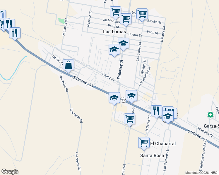 map of restaurants, bars, coffee shops, grocery stores, and more near 13 Raven Street in Rio Grande City