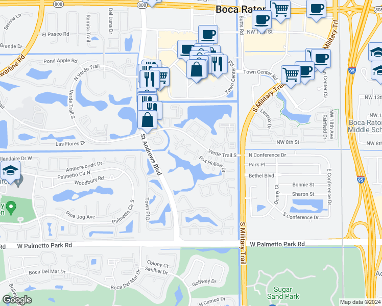 map of restaurants, bars, coffee shops, grocery stores, and more near 5692 Fox Hollow Drive in Boca Raton