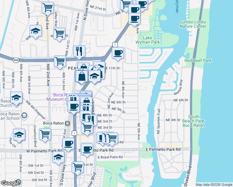 map of restaurants, bars, coffee shops, grocery stores, and more near 300 Northeast 8th Street in Boca Raton