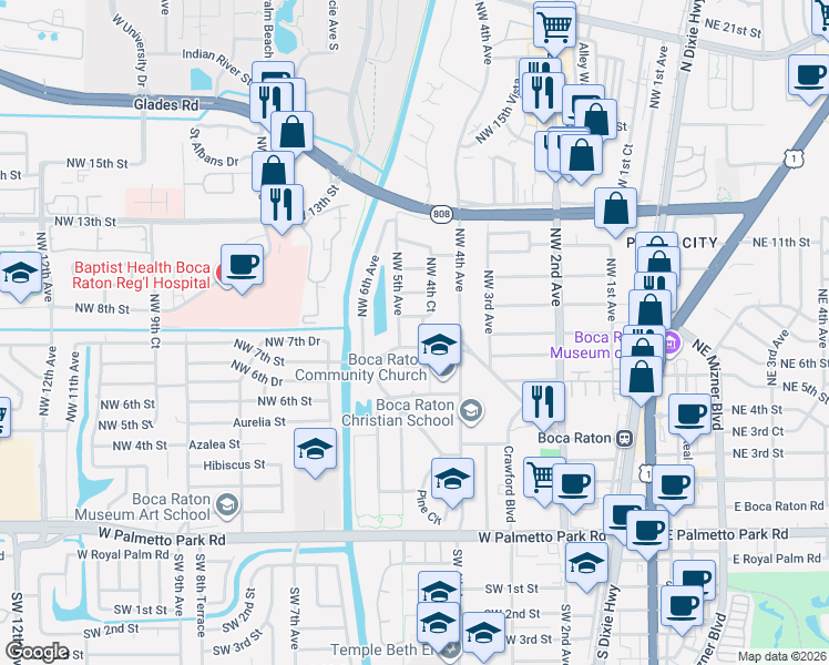 map of restaurants, bars, coffee shops, grocery stores, and more near 761 Northwest 4th Court in Boca Raton