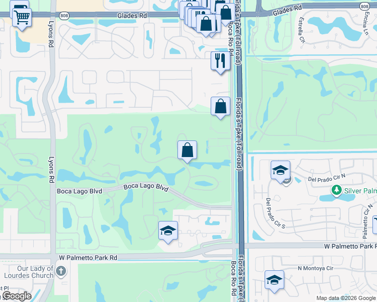 map of restaurants, bars, coffee shops, grocery stores, and more near 21201 Lago Circle in Boca Raton