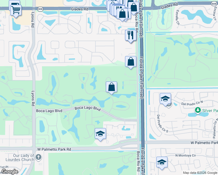 map of restaurants, bars, coffee shops, grocery stores, and more near 21219-21221 Lago Circle in Boca Raton