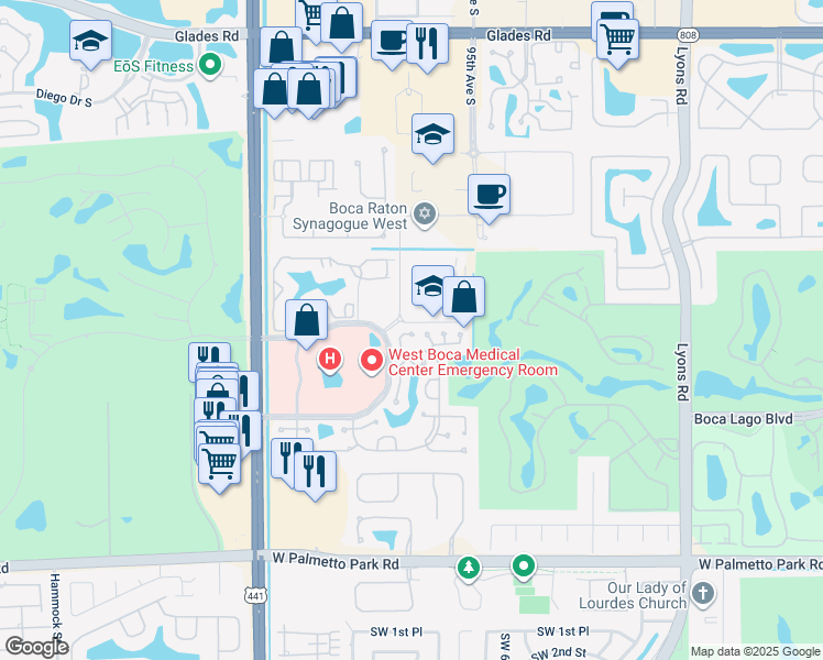 map of restaurants, bars, coffee shops, grocery stores, and more near 21549 Yellowstone Park Drive in Boca Raton