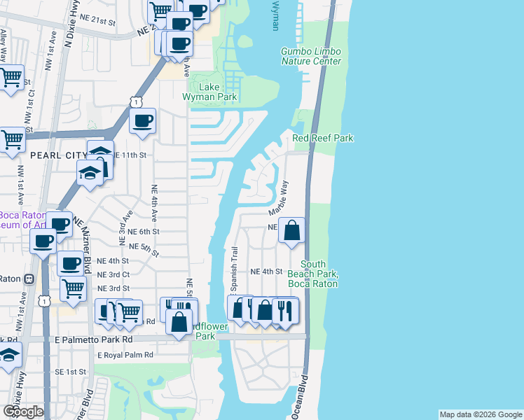 map of restaurants, bars, coffee shops, grocery stores, and more near 720 Coquina Court in Boca Raton