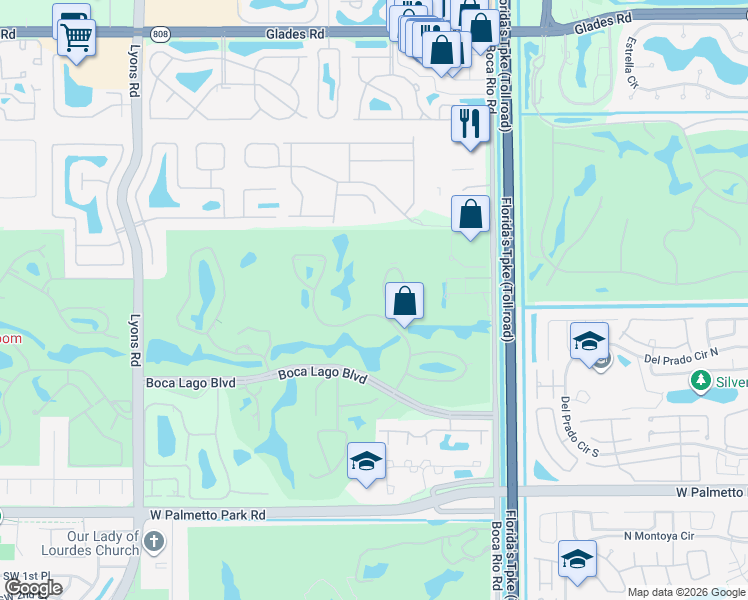 map of restaurants, bars, coffee shops, grocery stores, and more near 21205 Lago Circle in Boca Raton