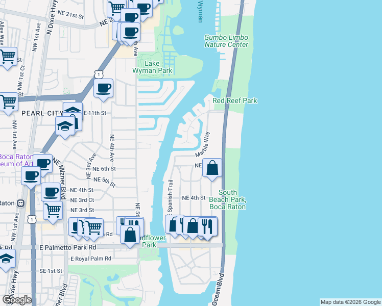 map of restaurants, bars, coffee shops, grocery stores, and more near 720 Coquina Court in Boca Raton