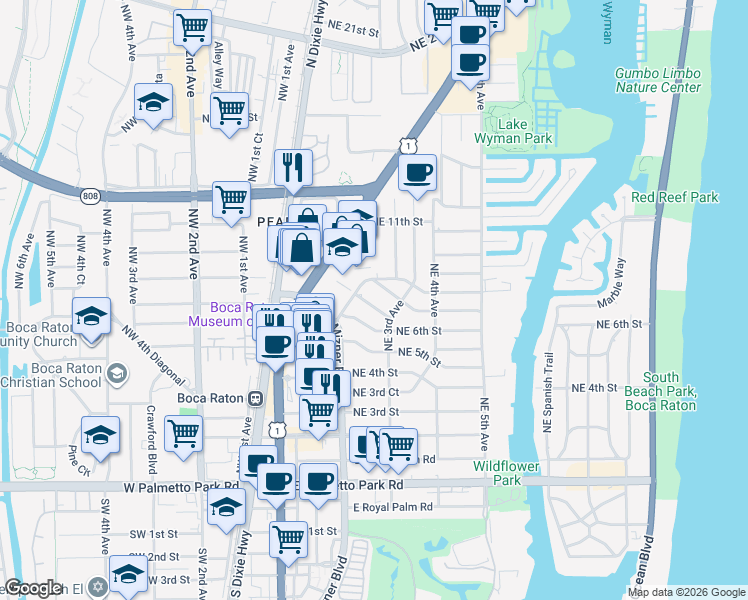 map of restaurants, bars, coffee shops, grocery stores, and more near 254 Northeast 7th Street in Boca Raton