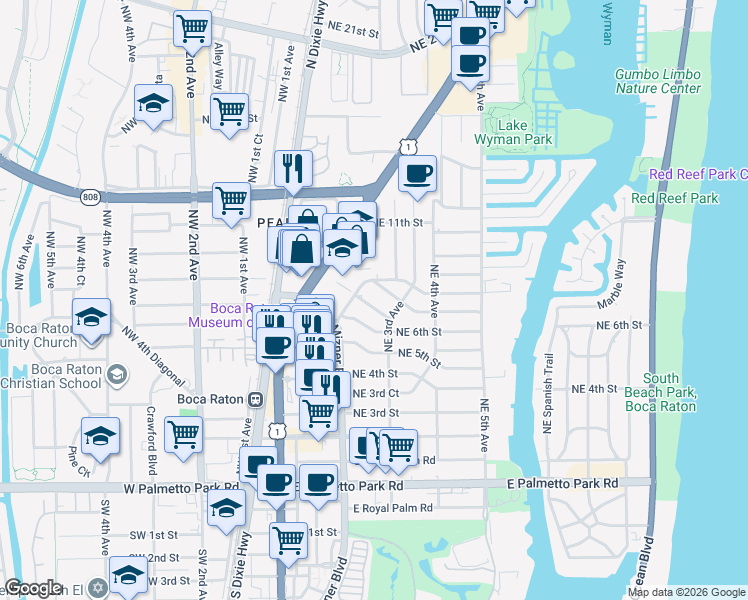 map of restaurants, bars, coffee shops, grocery stores, and more near 254 Northeast 7th Street in Boca Raton
