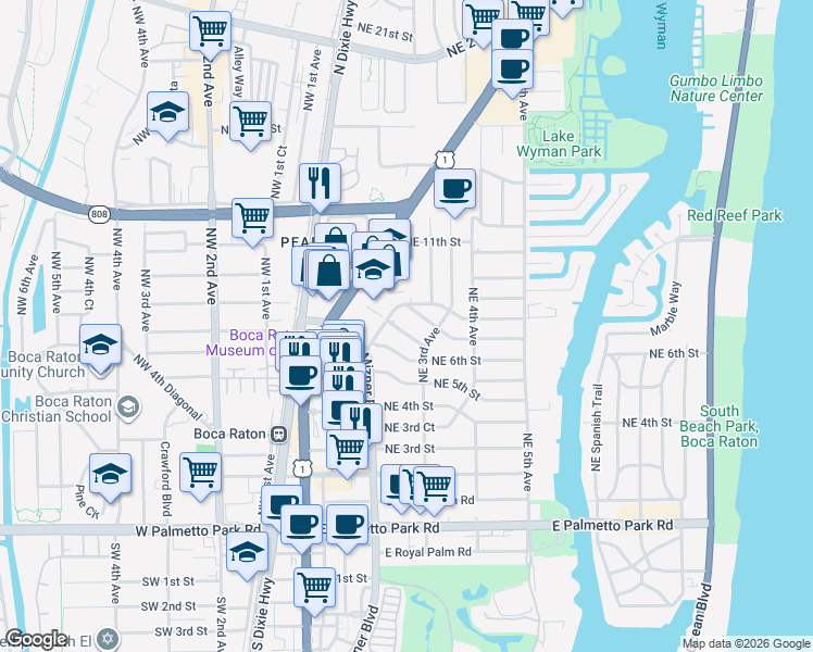 map of restaurants, bars, coffee shops, grocery stores, and more near 254 Northeast 7th Street in Boca Raton