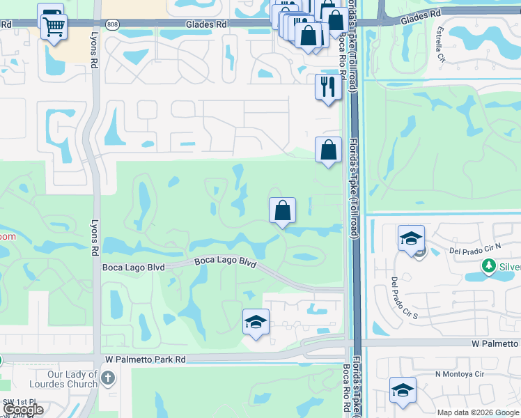 map of restaurants, bars, coffee shops, grocery stores, and more near 21205 Lago Circle in Boca Raton