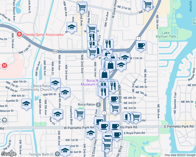 map of restaurants, bars, coffee shops, grocery stores, and more near 852 Northwest 1st Avenue in Boca Raton