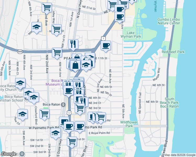 map of restaurants, bars, coffee shops, grocery stores, and more near 254 Northeast 7th Street in Boca Raton