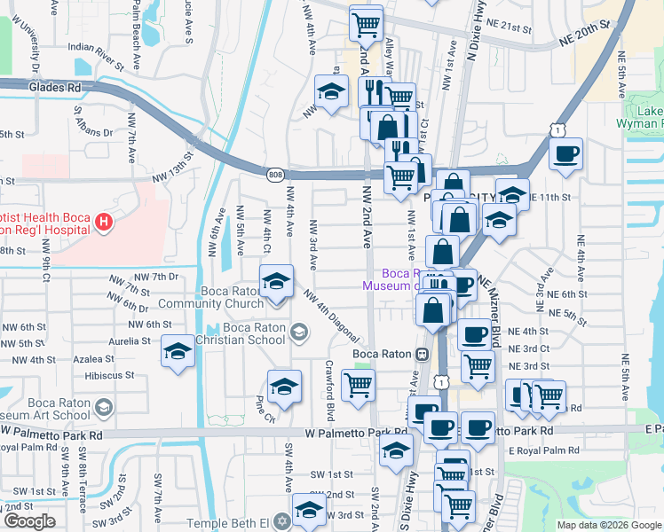 map of restaurants, bars, coffee shops, grocery stores, and more near 261 Northwest 8th Street in Boca Raton