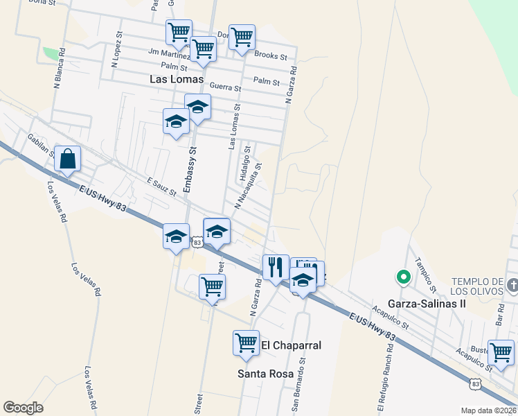 map of restaurants, bars, coffee shops, grocery stores, and more near 5468 Wale Street in Rio Grande City
