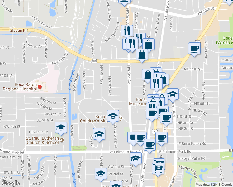 map of restaurants, bars, coffee shops, grocery stores, and more near 261 Northwest 8th Street in Boca Raton