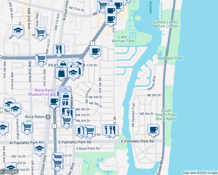 map of restaurants, bars, coffee shops, grocery stores, and more near 433 Northeast 8th Street in Boca Raton