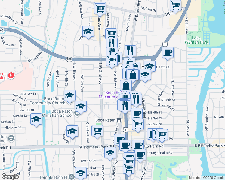 map of restaurants, bars, coffee shops, grocery stores, and more near 852 Northwest 1st Avenue in Boca Raton