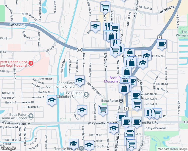map of restaurants, bars, coffee shops, grocery stores, and more near 850 Northwest 3rd Avenue in Boca Raton